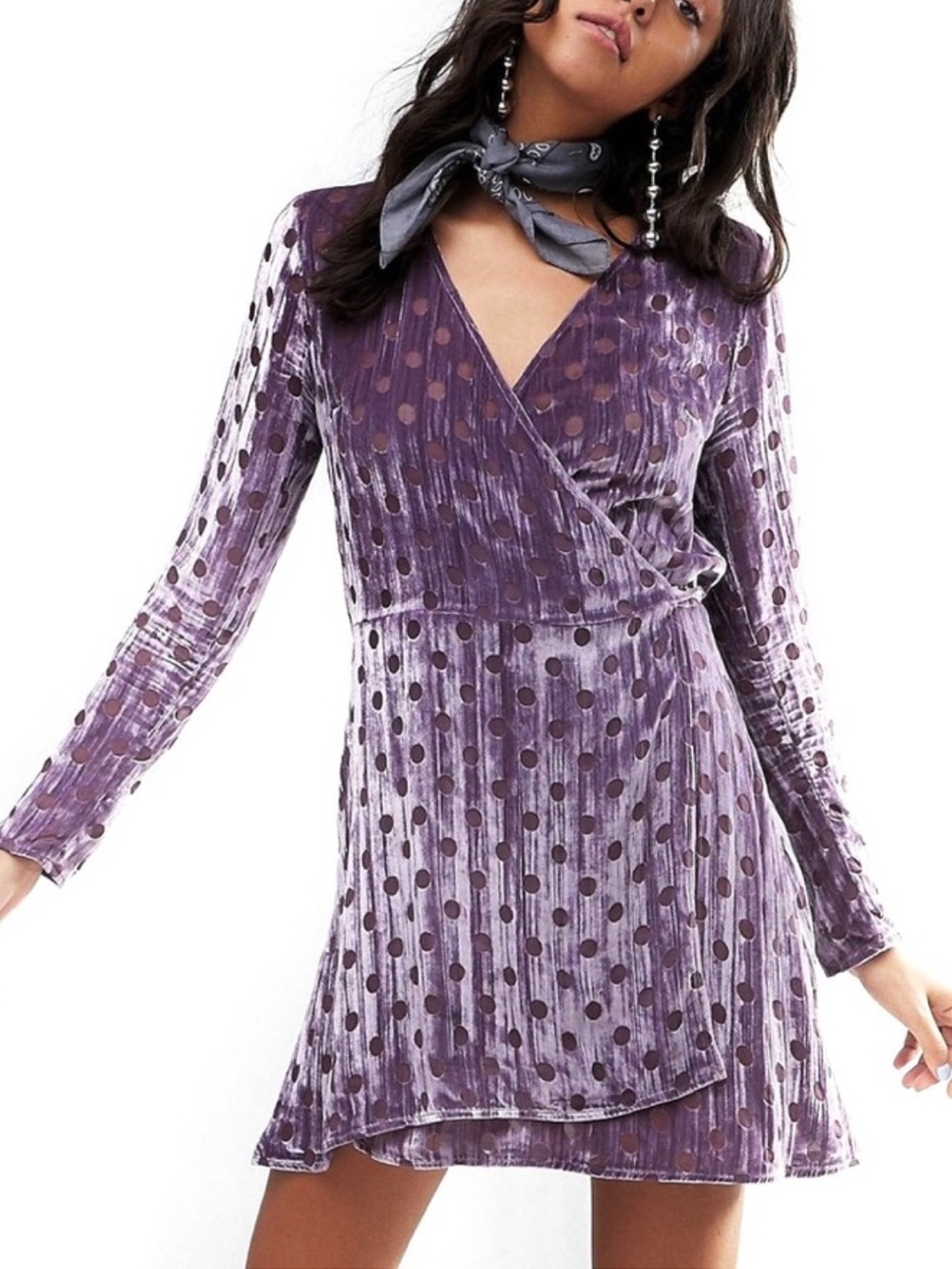 NEW HOUSE OF HOLLAND PURPLE VELVET POLKA DOT WRAP MINI DRESS